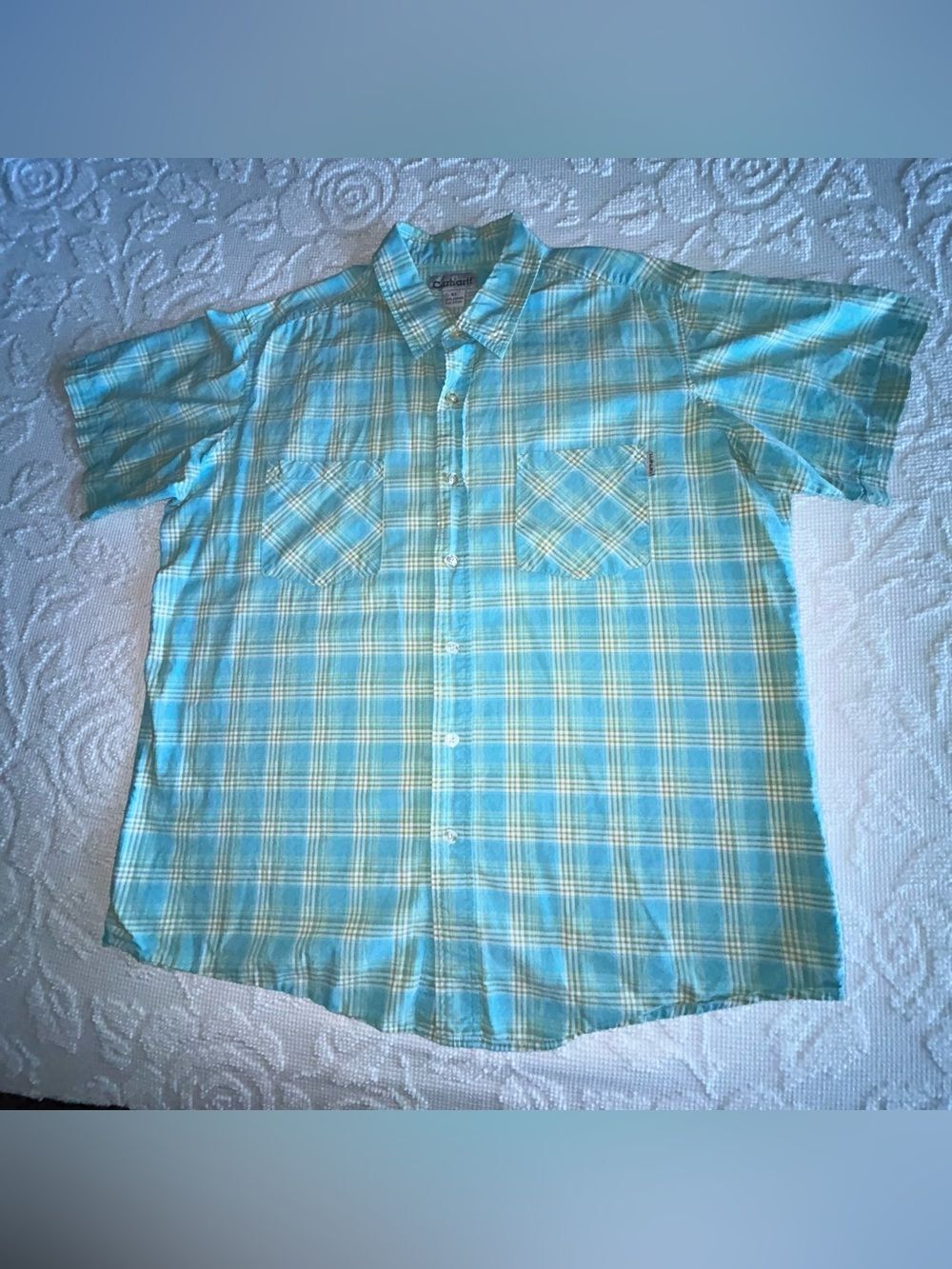 Carhartt Mens XL Blue Plaid Button Front Shirt Short Sleeve Cotton